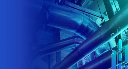 Industrial scene with metal pipes and beams, blue-toned filter, gradient background, abstract lines and machinery.