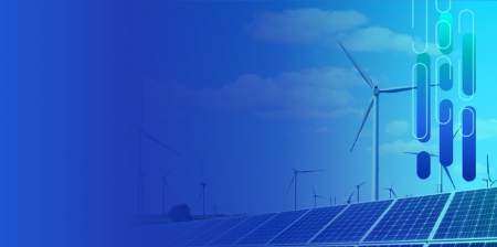 Solar panels and wind turbines landscape under blue sky, abstract blue shapes, sustainability theme.