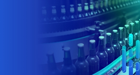 Conveyor belt with dark glass bottles on factory line, blue gradient background.