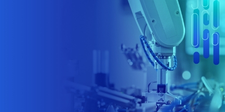 Robotic arm with blue hose in industrial setting, gradient background with patterned graphics.
