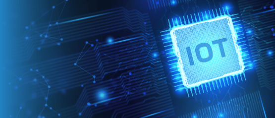Blue IOT microchip surrounded by circuitry, digital elements background.