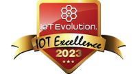 Award badge: red shield, hexagon design, "IoT Evolution," gold ribbon "IoT Excellence 2023," three stars.