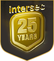 Shield-shaped emblem with gold border: 25 Years intersec, dark gradient background.