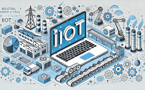 Illustration of Industrial Internet of Things (IIoT) showing a network of interconnected devices, robots, and machines in a factory environment, symbolizing how IIoT enhances business operations and data sharing. The image visually represents secure data flow between manufacturing systems, relevant to the blog 'IIoT Security Hacks: 7 Tricks to Protect Your Industrial Systems' that discusses how to safeguard industrial IIoT networks from cyber threats.