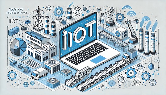 Illustration of Industrial Internet of Things (IIoT) showing a network of interconnected devices, robots, and machines in a factory environment, symbolizing how IIoT enhances business operations and data sharing. The image visually represents secure data flow between manufacturing systems, relevant to the blog 'IIoT Security Hacks: 7 Tricks to Protect Your Industrial Systems' that discusses how to safeguard industrial IIoT networks from cyber threats.