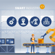 Industry 4.0 Smart manufacturing cybersecurity concept. Workers, robot arms and assembly line. Technology vector illustration