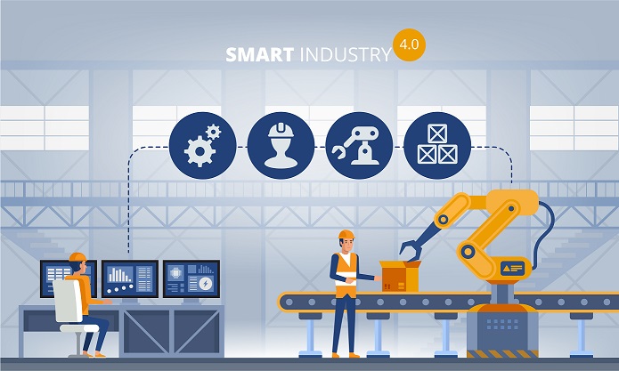 Industry 4.0 Smart manufacturing cybersecurity concept. Workers, robot arms and assembly line. Technology vector illustration